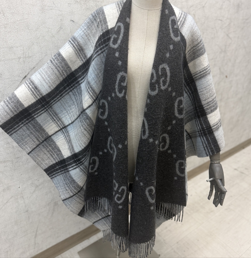 Gucci Black, Gray, Sky Blue Reversible Poncho
